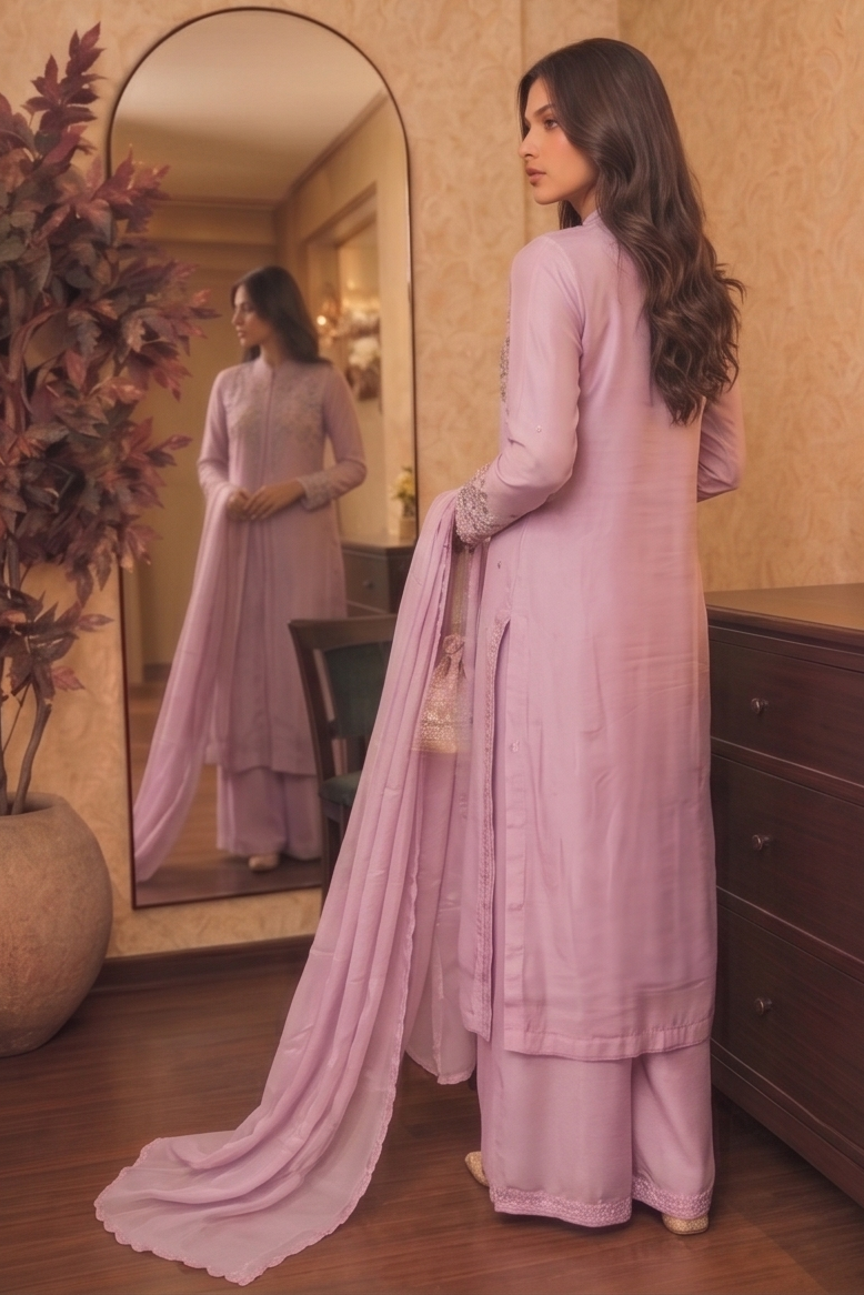 Lilac Pink Embellished Chinon Silk Palazzo Set