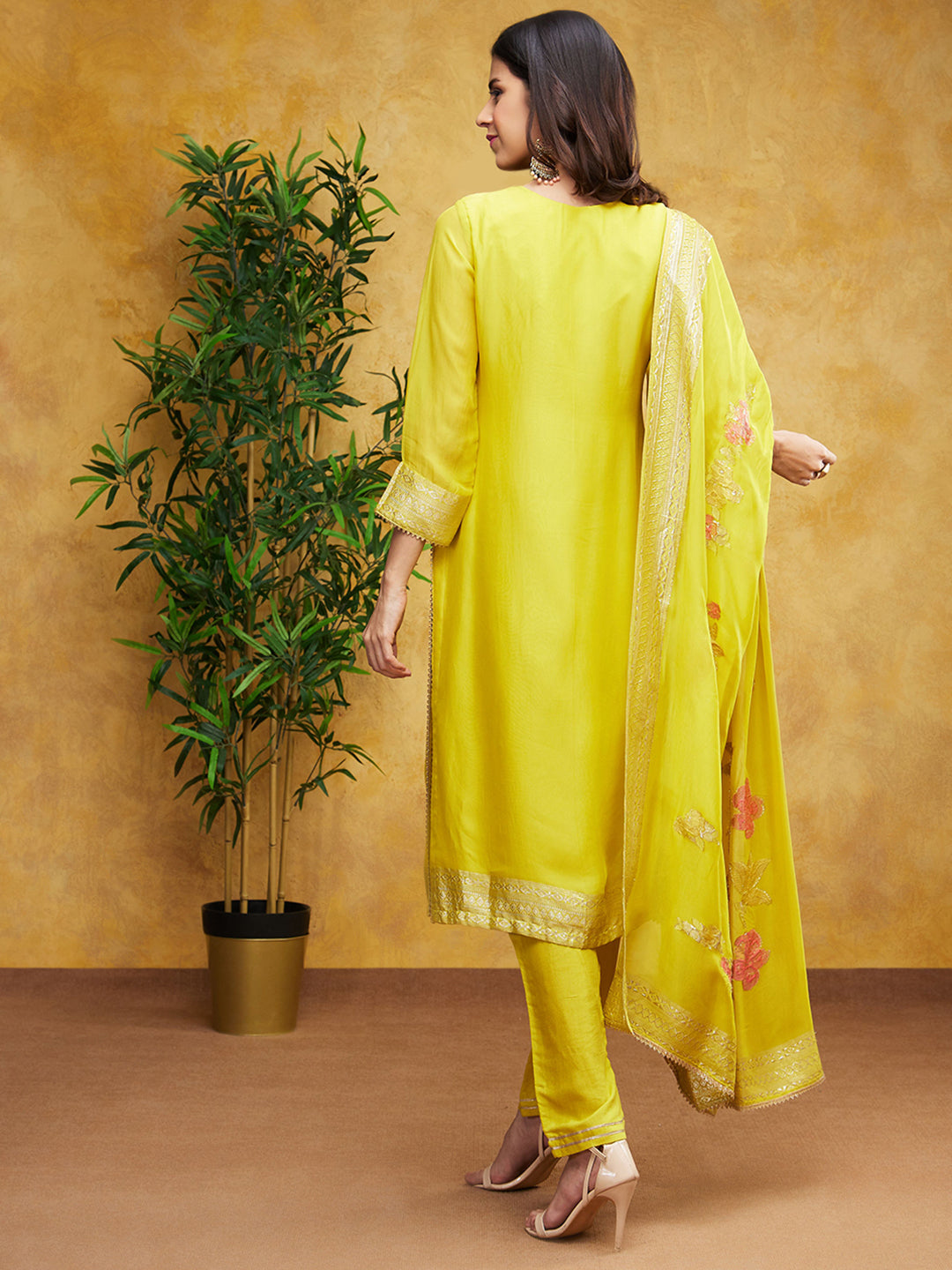 Bright Yellow Embellished Dola Silk Pants Set