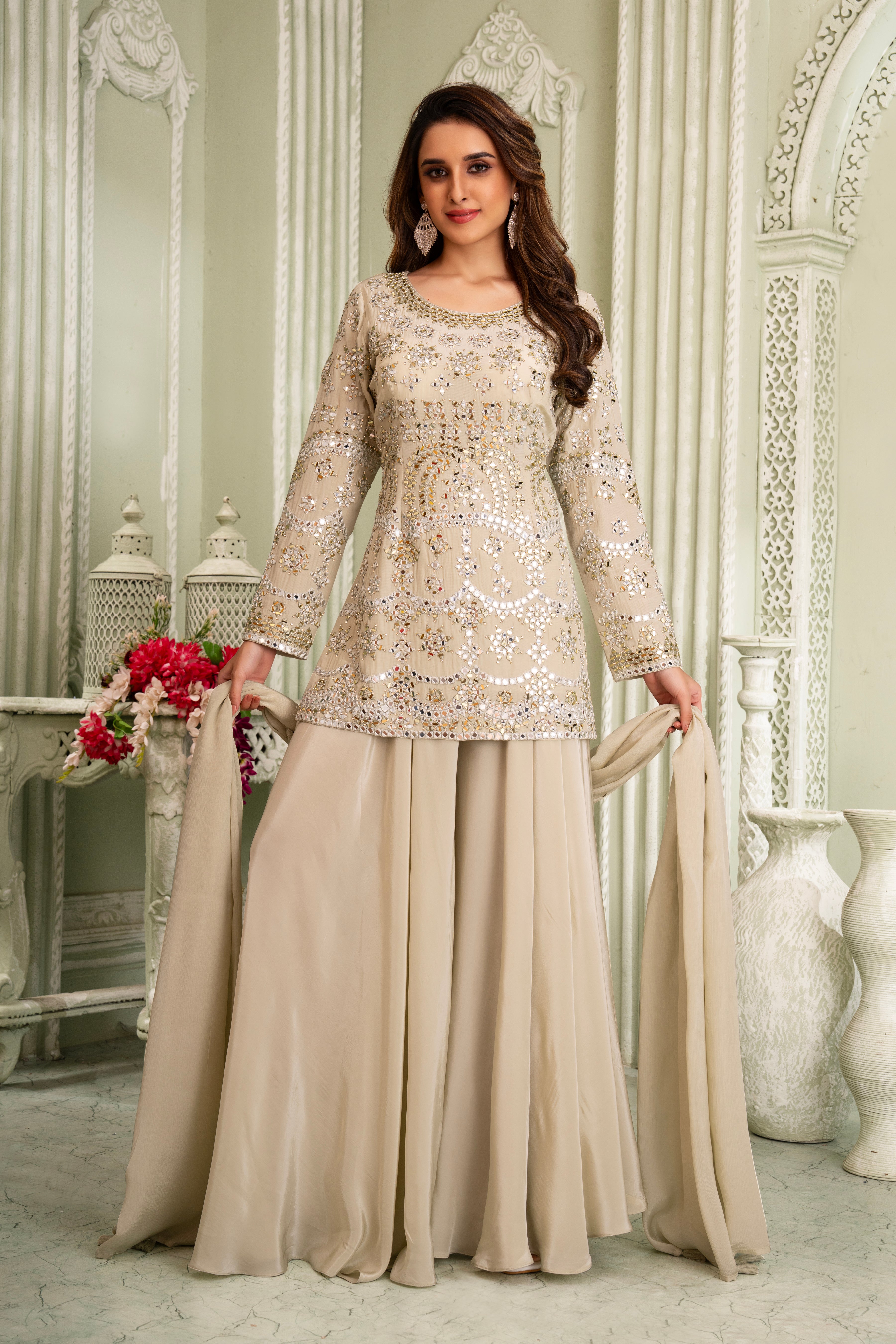 Ivory Beige Embellished Kurta & Palazzo Set