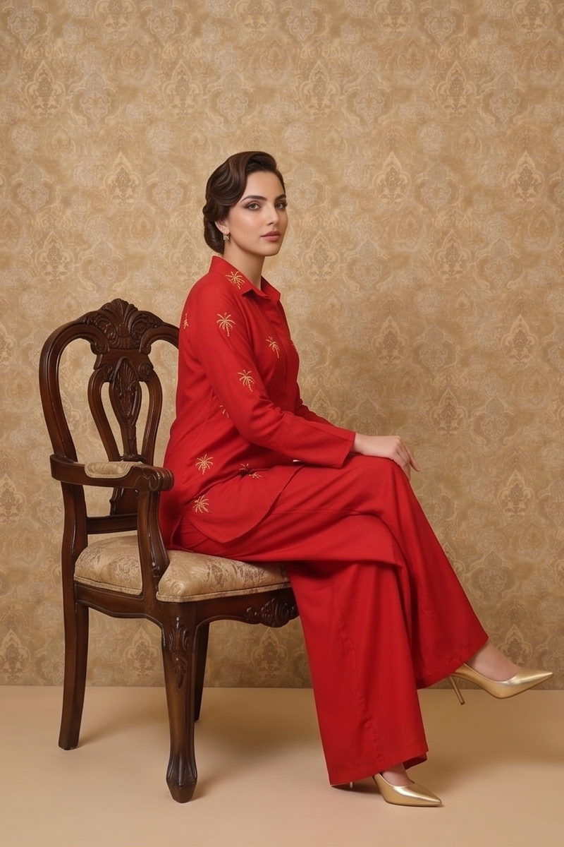 Rust Red Embellished Crepe Silk Co-Ord Set