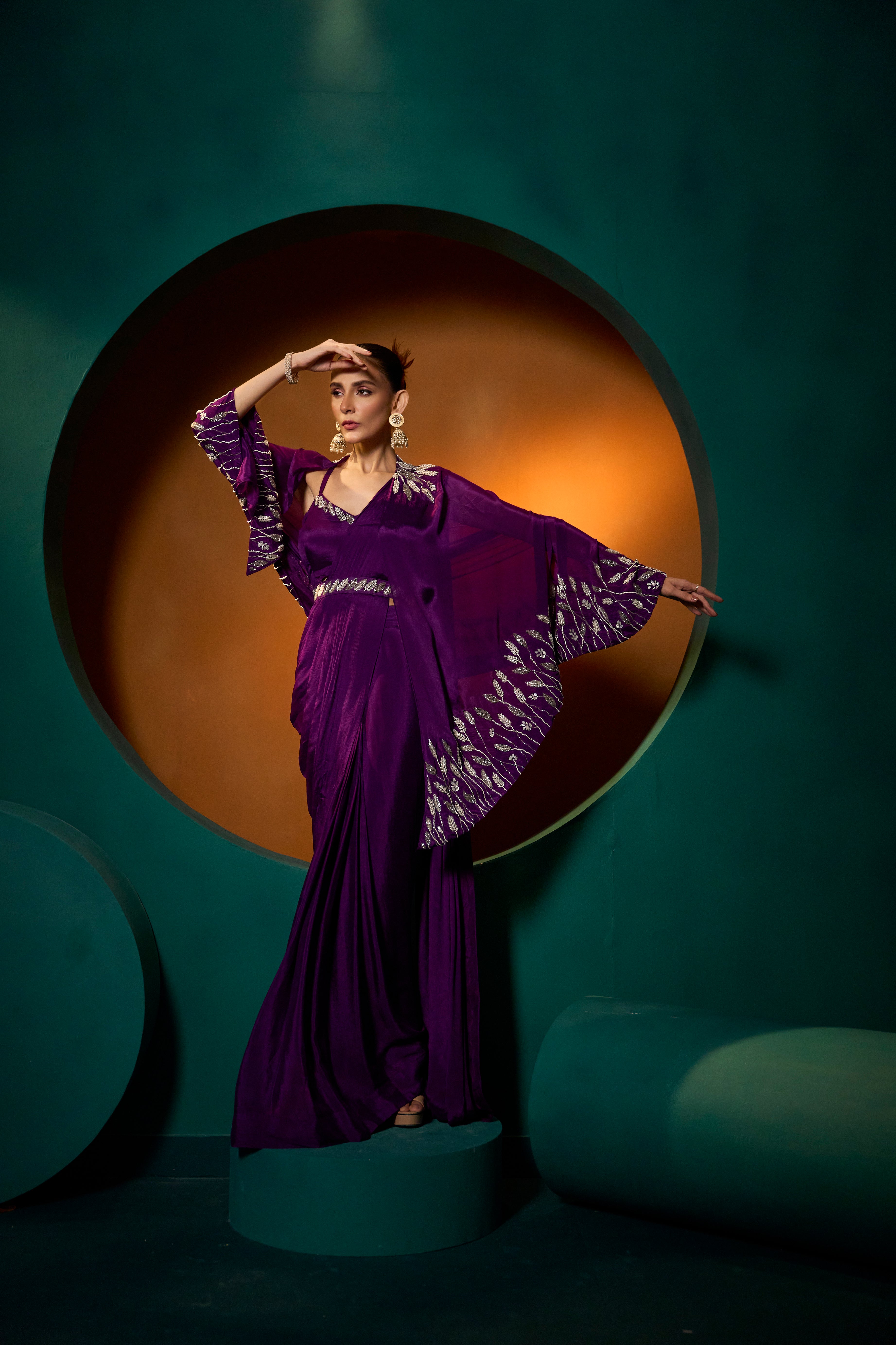 Iconic Purple Chinon Silk Draped Saree With Cape