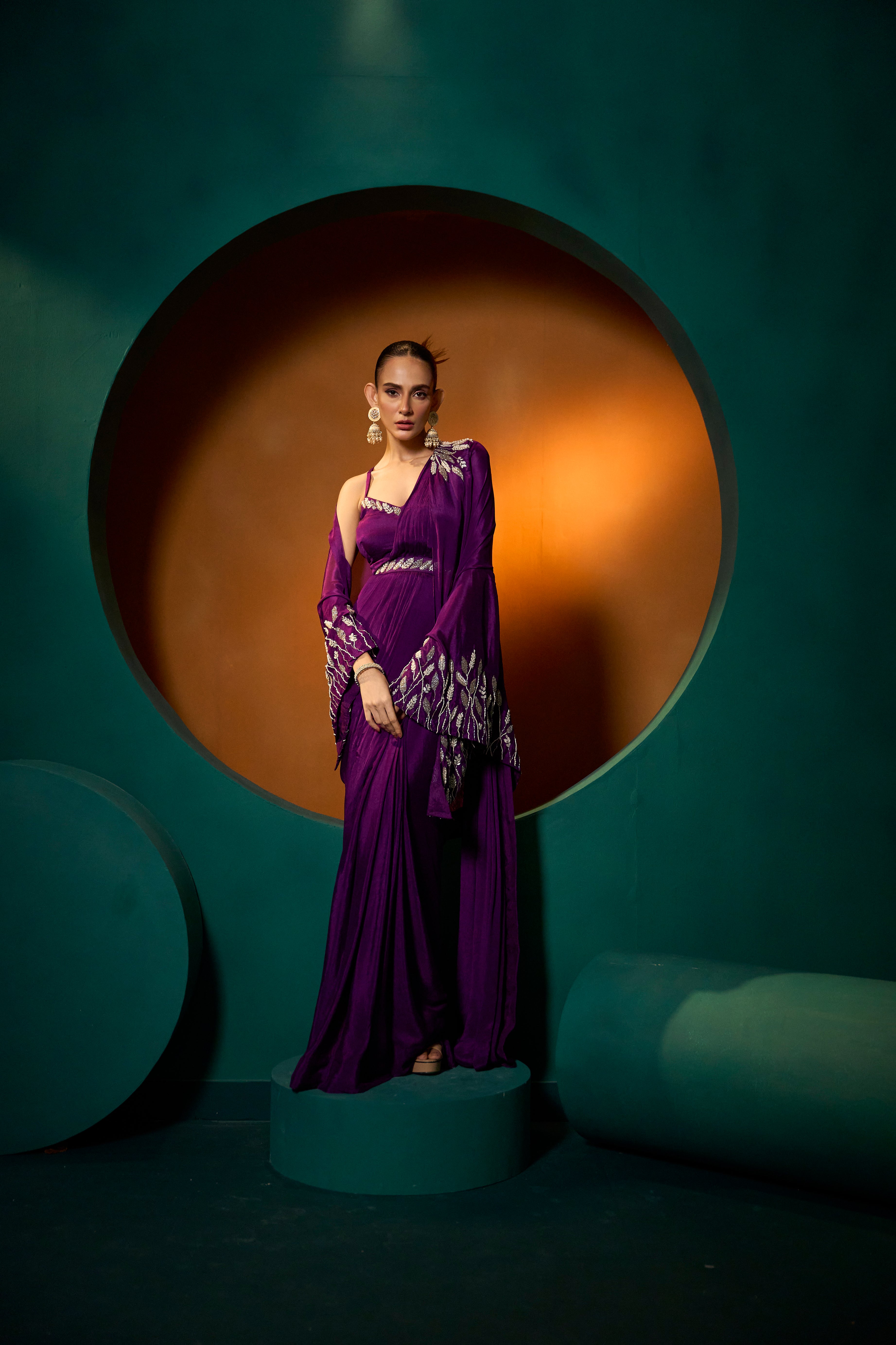 Iconic Purple Chinon Silk Draped Saree With Cape