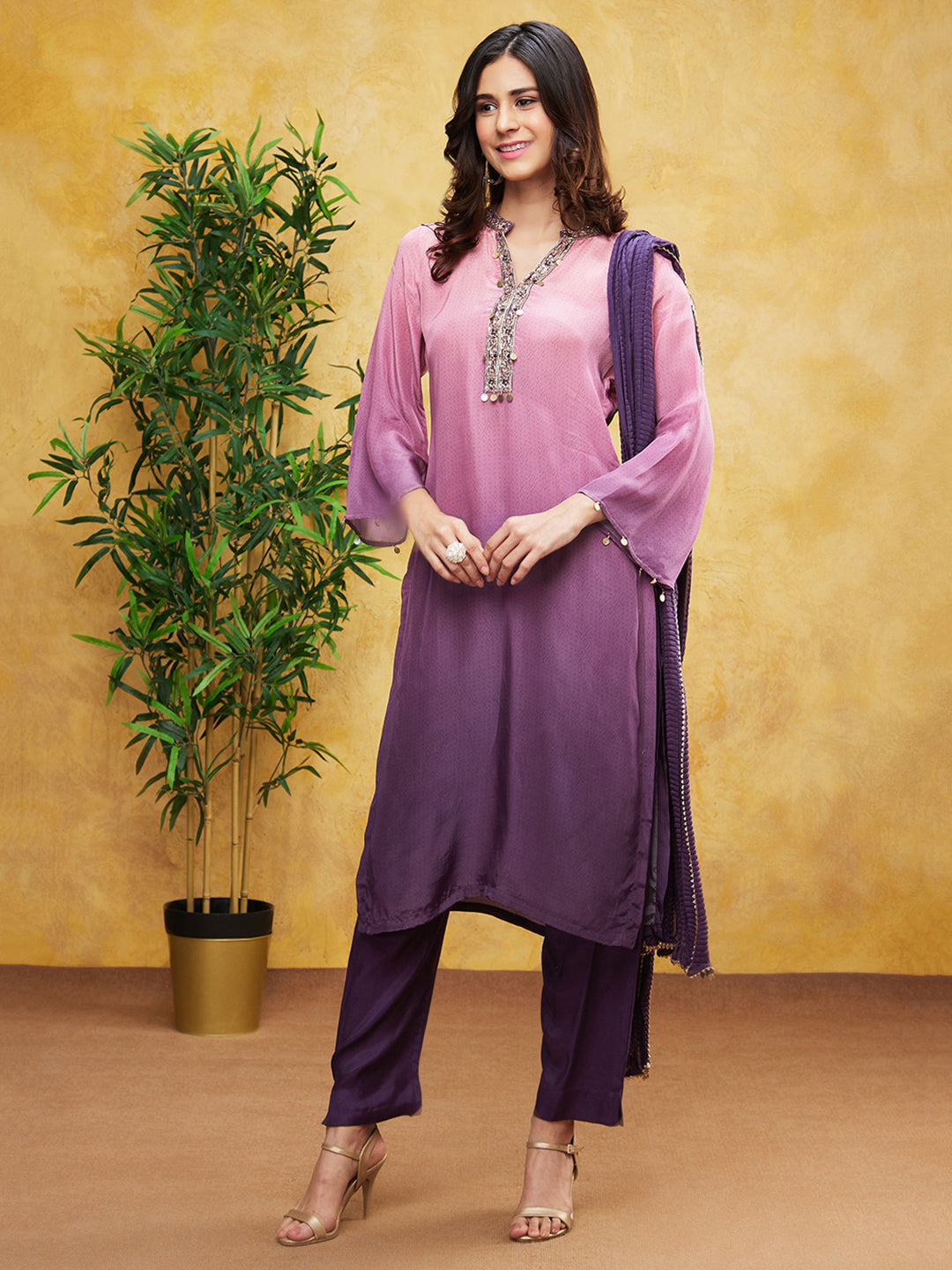 Purple Ombre-Dyed Premium Silk Pants Set