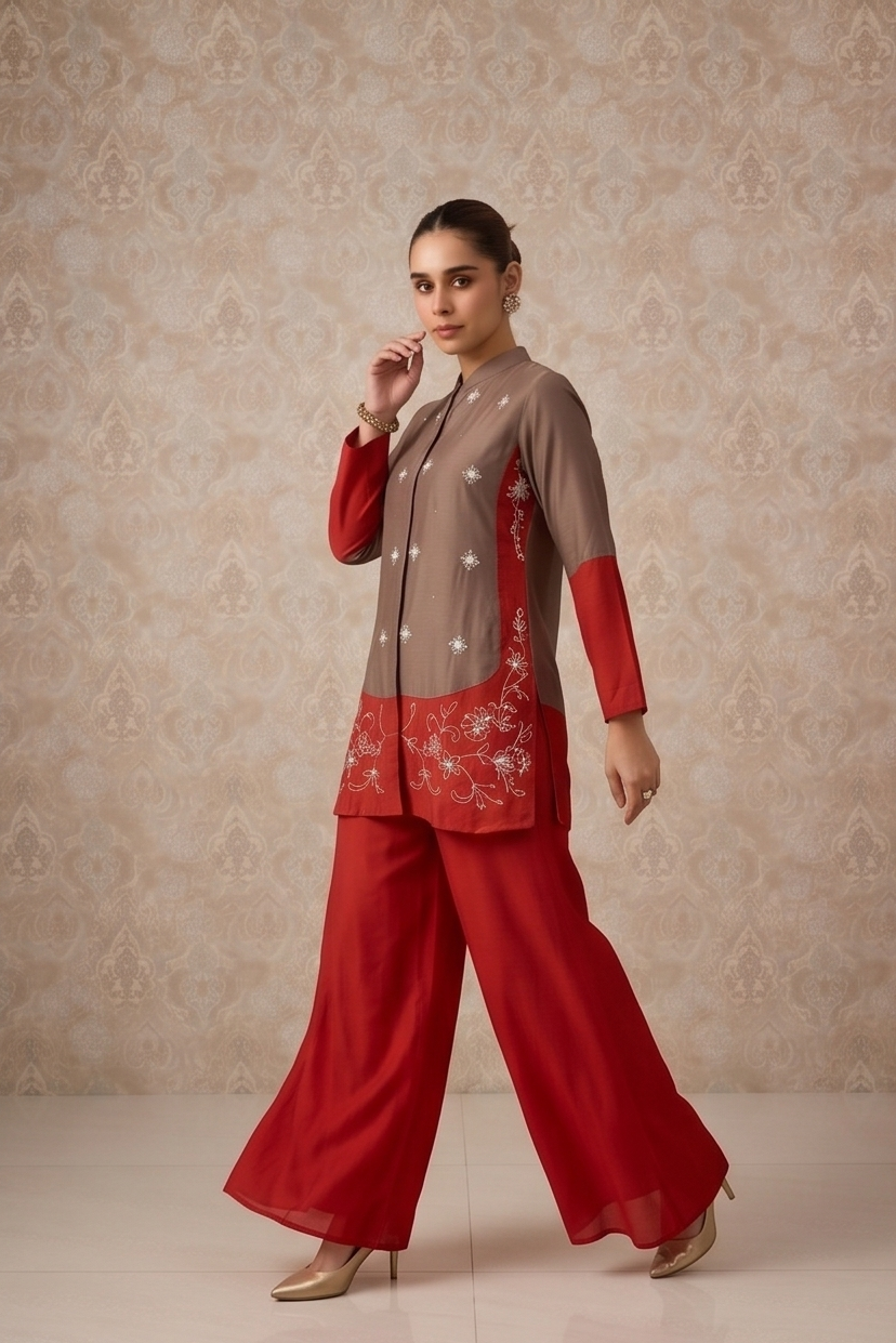 Taupe Brown Embellished Crepe Silk Co-ord Set