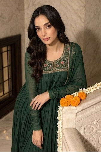 Meadow Green Embroidered Crepe Silk Anarkali Set