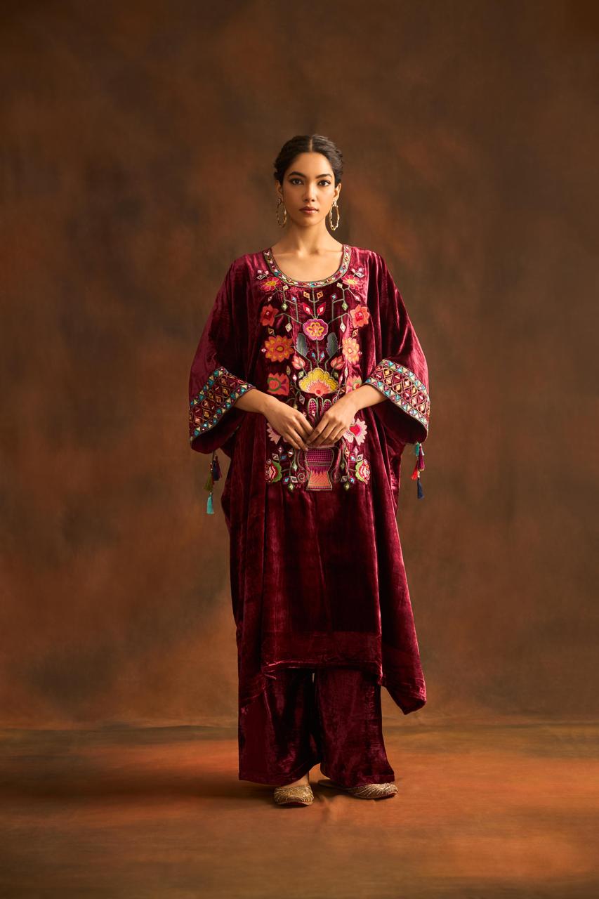 Burgundy Embroidered Velvet Silk Palazzo Set