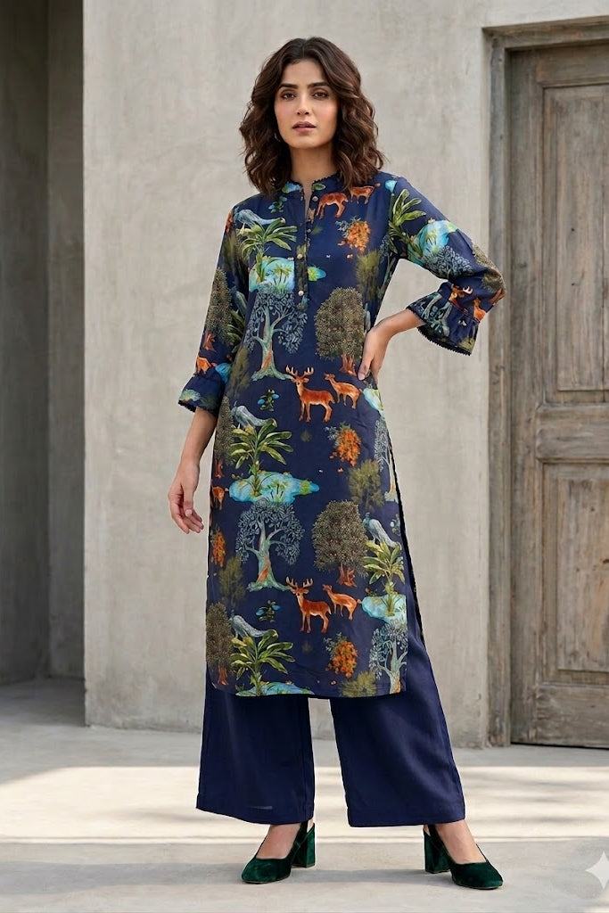 Midnight Blue Jungle Print Kurta Set