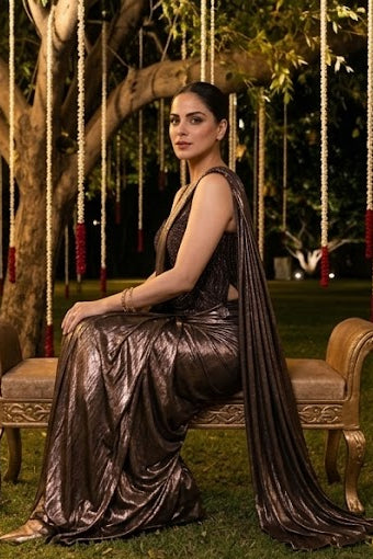 Metallic Bronze Embellished Spandex Lycra Silk Draped Saree
