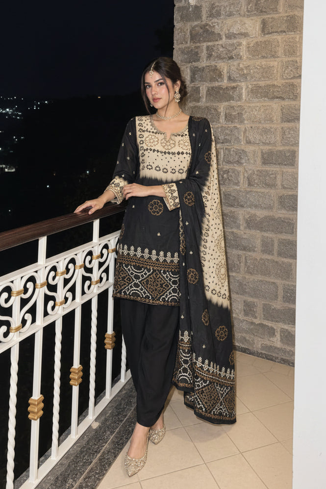 Black Pearl Printed Crepe Silk Farshi Salwar Set