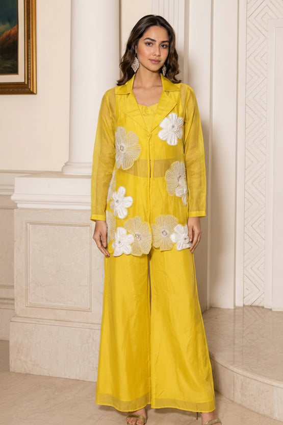 Canary Yellow Embroidered Organza Silk Palazzo Set
