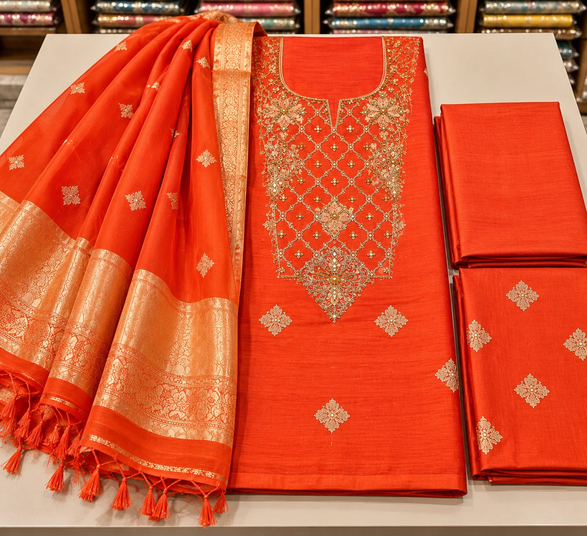Orange Banarasi Raw Silk Unstitched Suit Set
