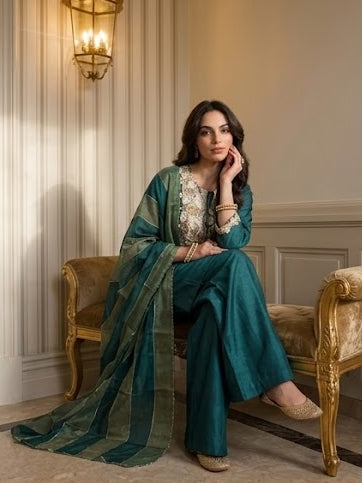 Teal Dark Embellished Raw Silk Palazzo Set