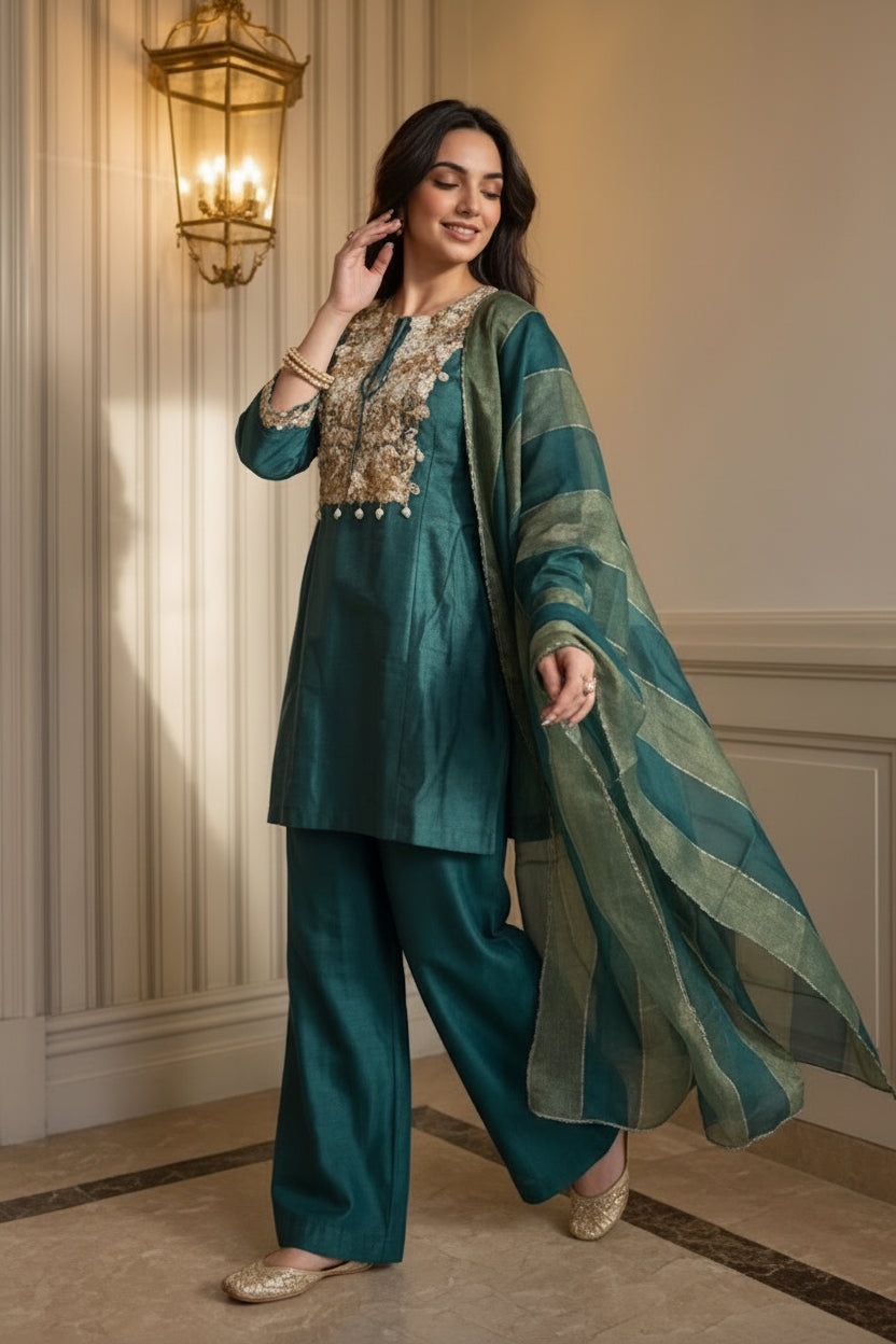 Teal Dark Embellished Raw Silk Palazzo Set