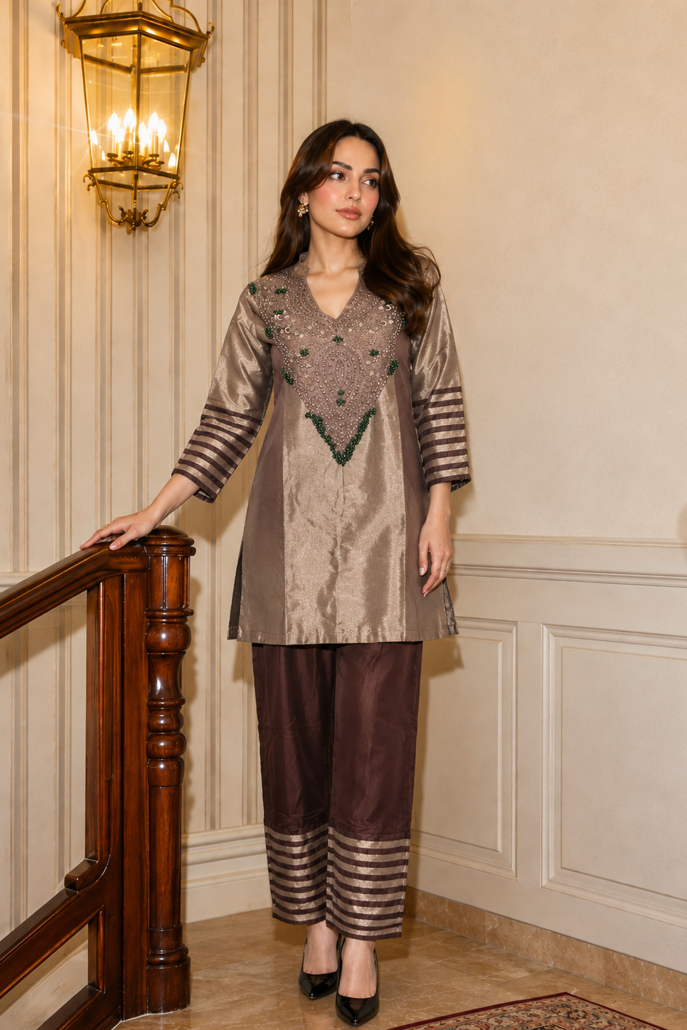 Brown Sheen Embellished Shimmer Tissue Silk Co-Ord Set