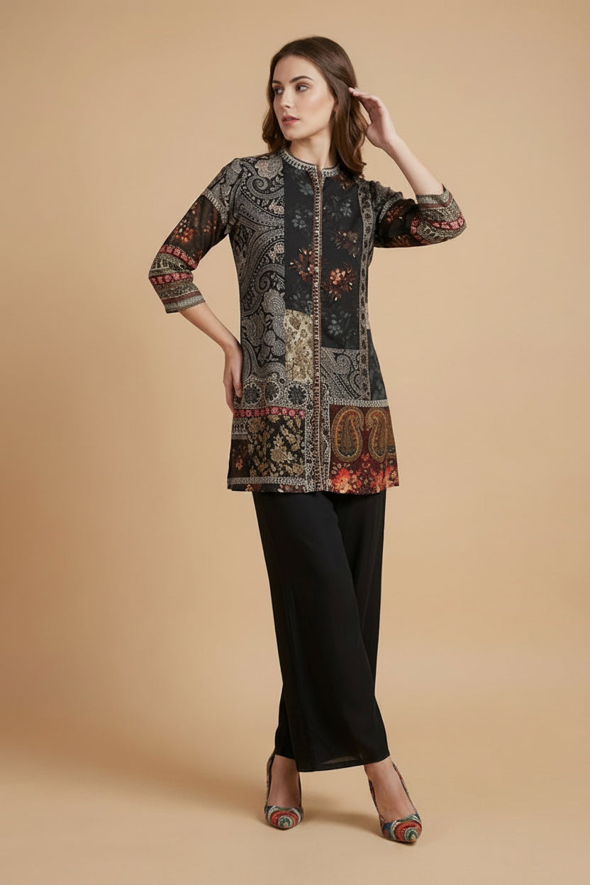 Black Onyx Printed Premium Crepe Silk Co-Ord Set