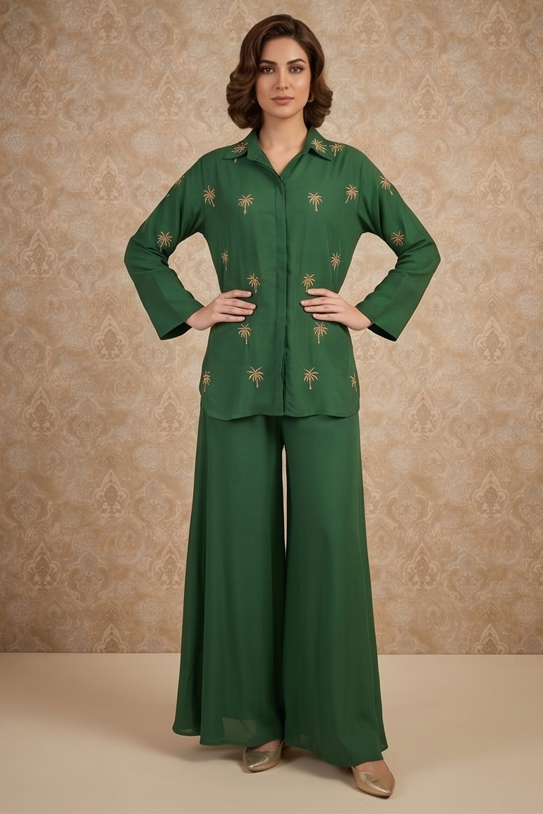 Emerald Green Embellished Crepe Silk Co-Ord Set