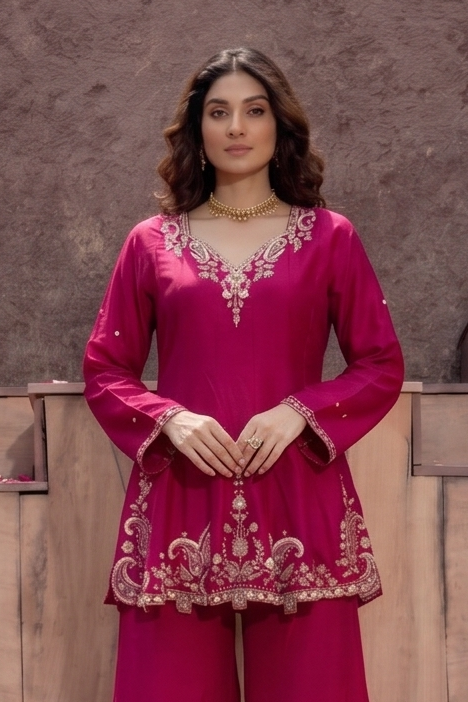 Magenta Luxe Embellished Crepe Silk Palazzo Set