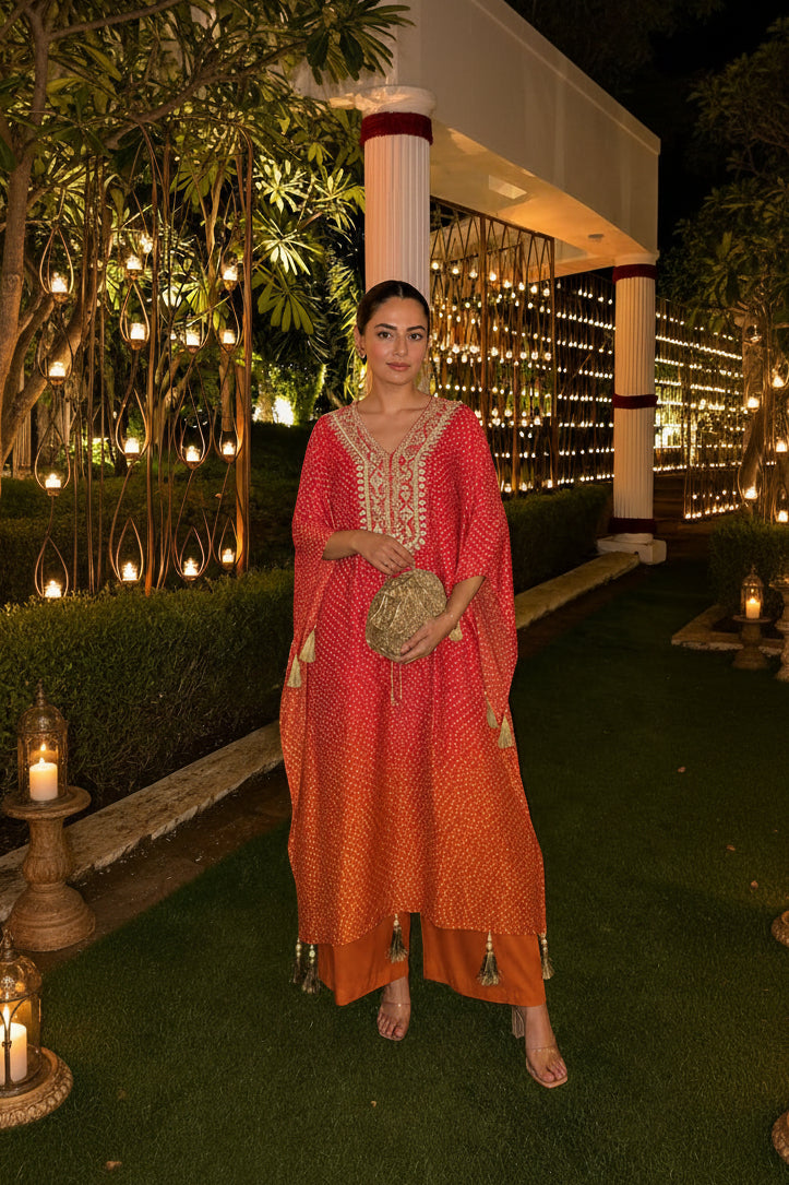 Orange & Pink Ombre Embellished Satin Silk Kaftan Set