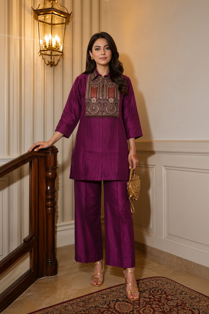 Luxe Wine Embellished Dola Silk Co-Ord Set
