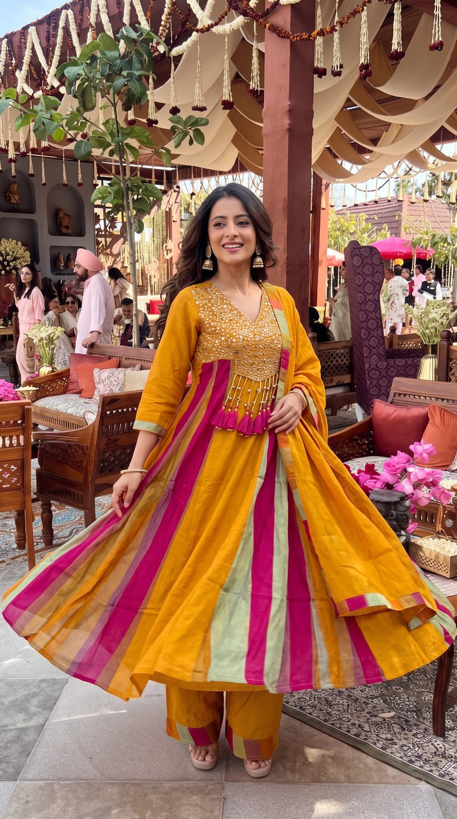 Mustard Yellow Embellished Shimmer Silk Anarkali Set