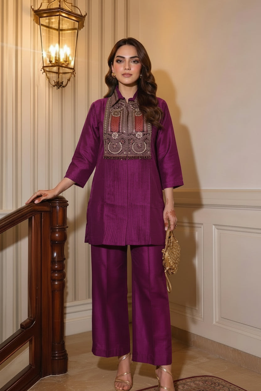 Luxe Wine Embellished Dola Silk Co-Ord Set