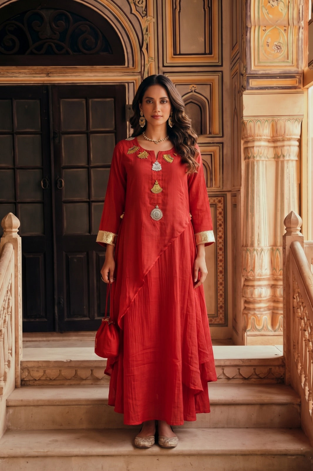 Red Rust Embellished Mul Cotton Dress
