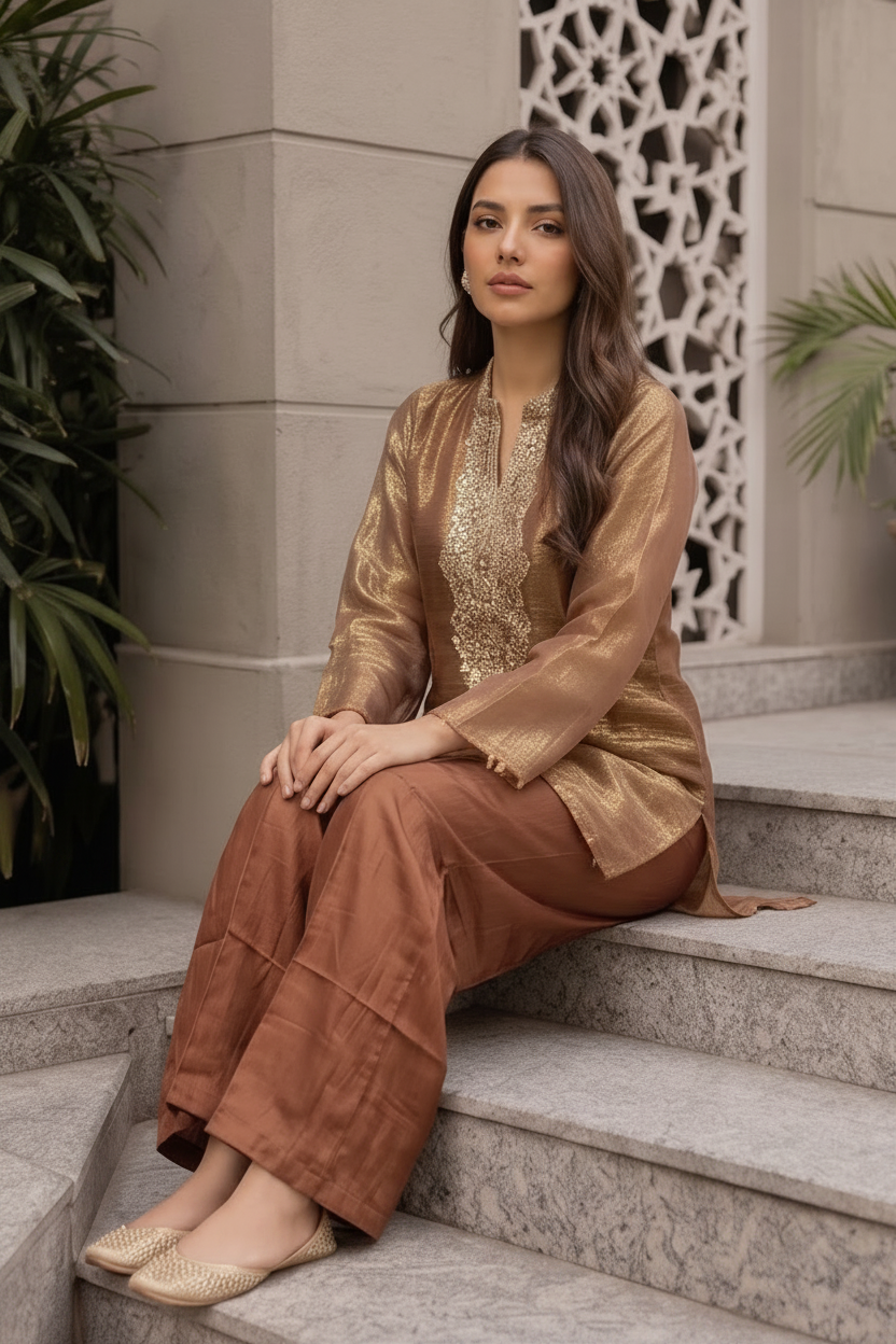 Copper Pink Embellished Shimmer Tissue Silk Co-Ord Set
