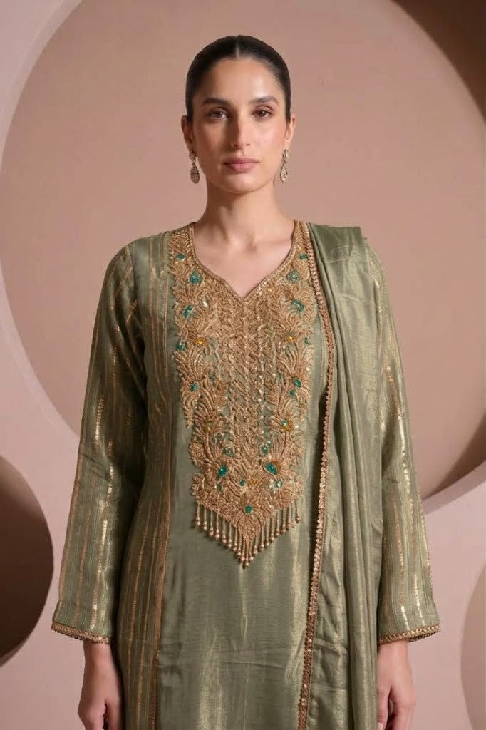 Sage Metallic Embellished Shimmer Silk Pant Set