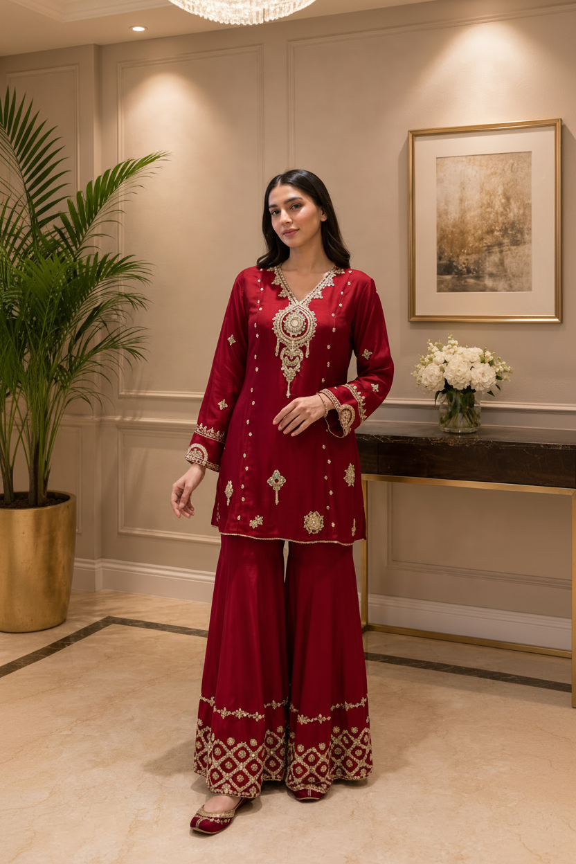 Red Cardinal Embellished Crepe Silk Sharara Set