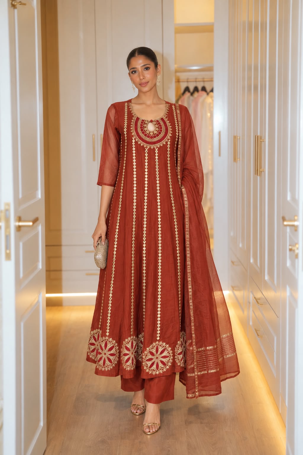 Rust Orange Embellished Mul Chanderi Silk Anarkali Set