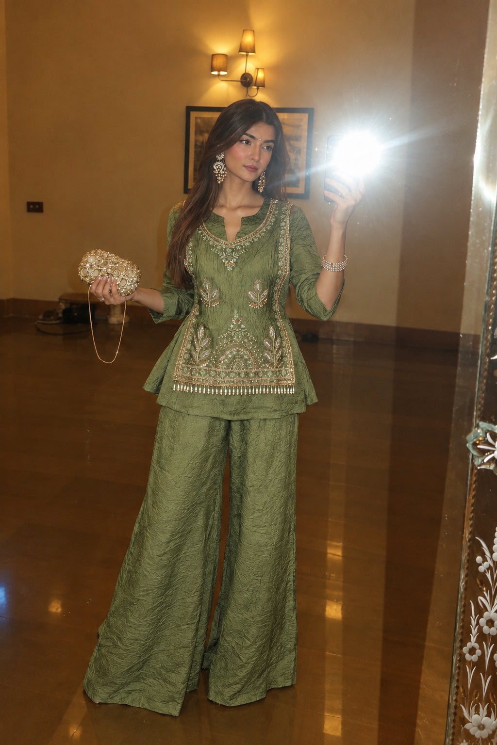Mist Green Embellished Pure Crushed Silk Co-Ord Set