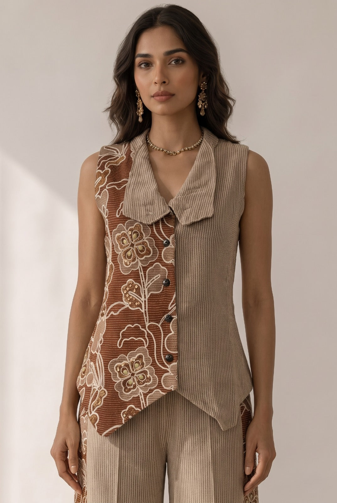 Deep Beige Woven Cotton Tweed Co-Ord Set