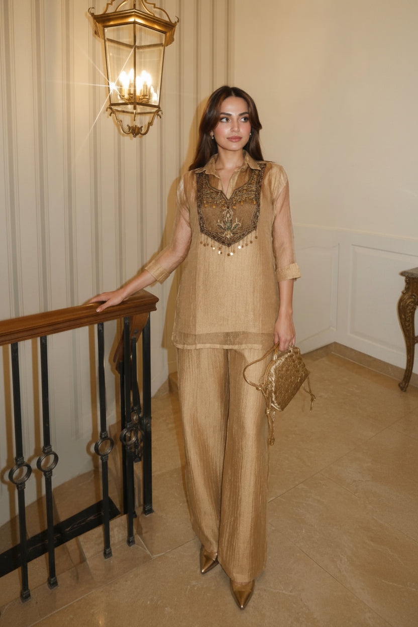 Golden Muse Embellished Shimmer Tissue Co-Ord Set