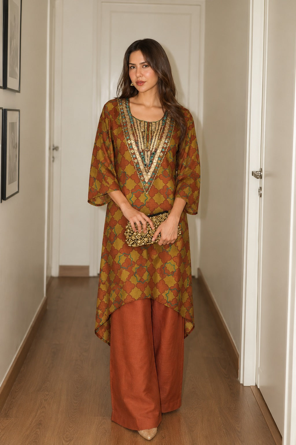 Rust Olive Printed Crepe Silk Kurta Set