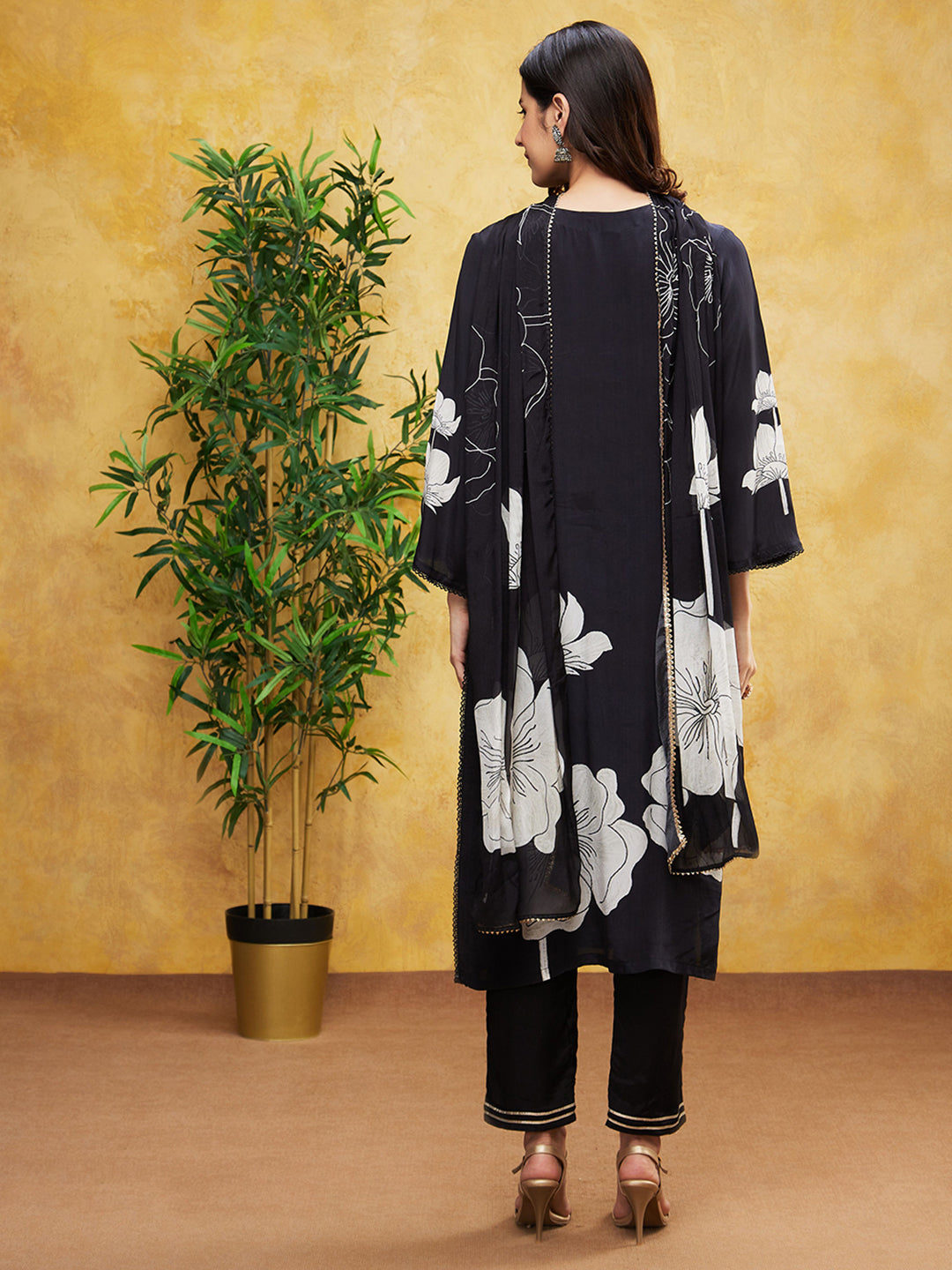 Black Floral Digital Printed Habutai Silk Pants Set