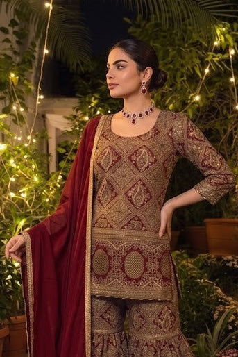 Royal Red Embellished Crepe Silk Sharara Set