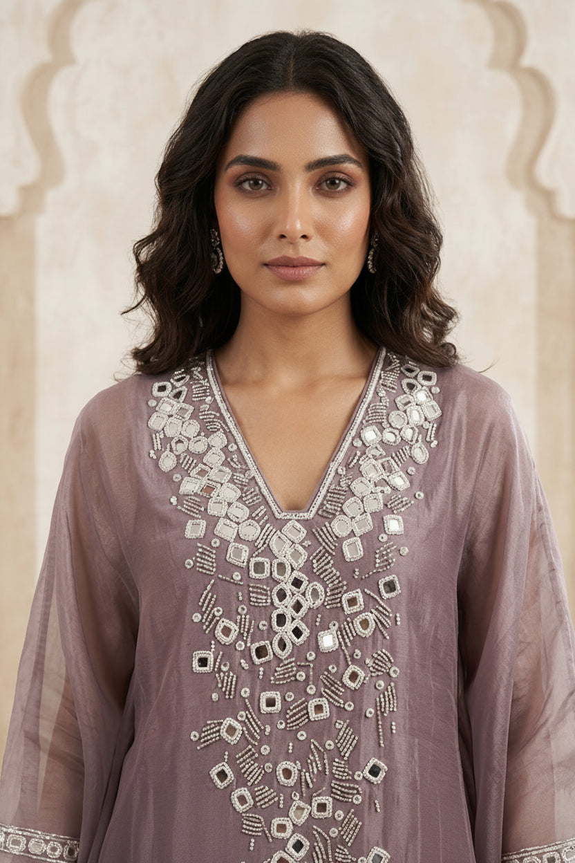 Dusty Lavender Embellished Chiffon Silk Kaftan Dhoti Set