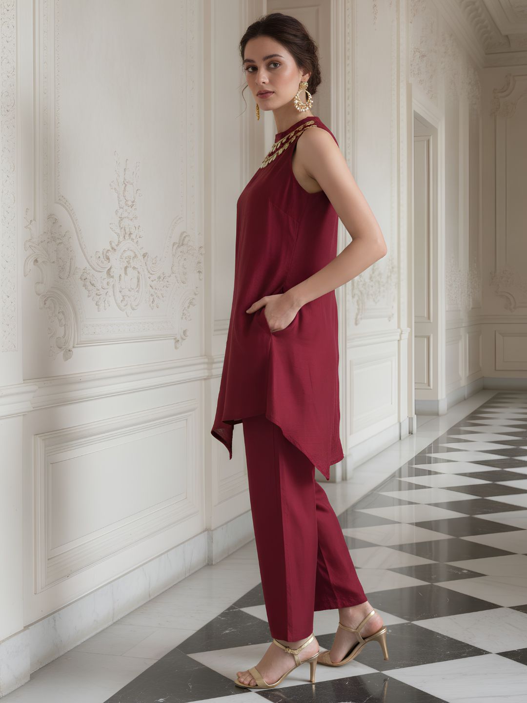 Luxe Maroon Embellished Premium Silk Co-Ord Set