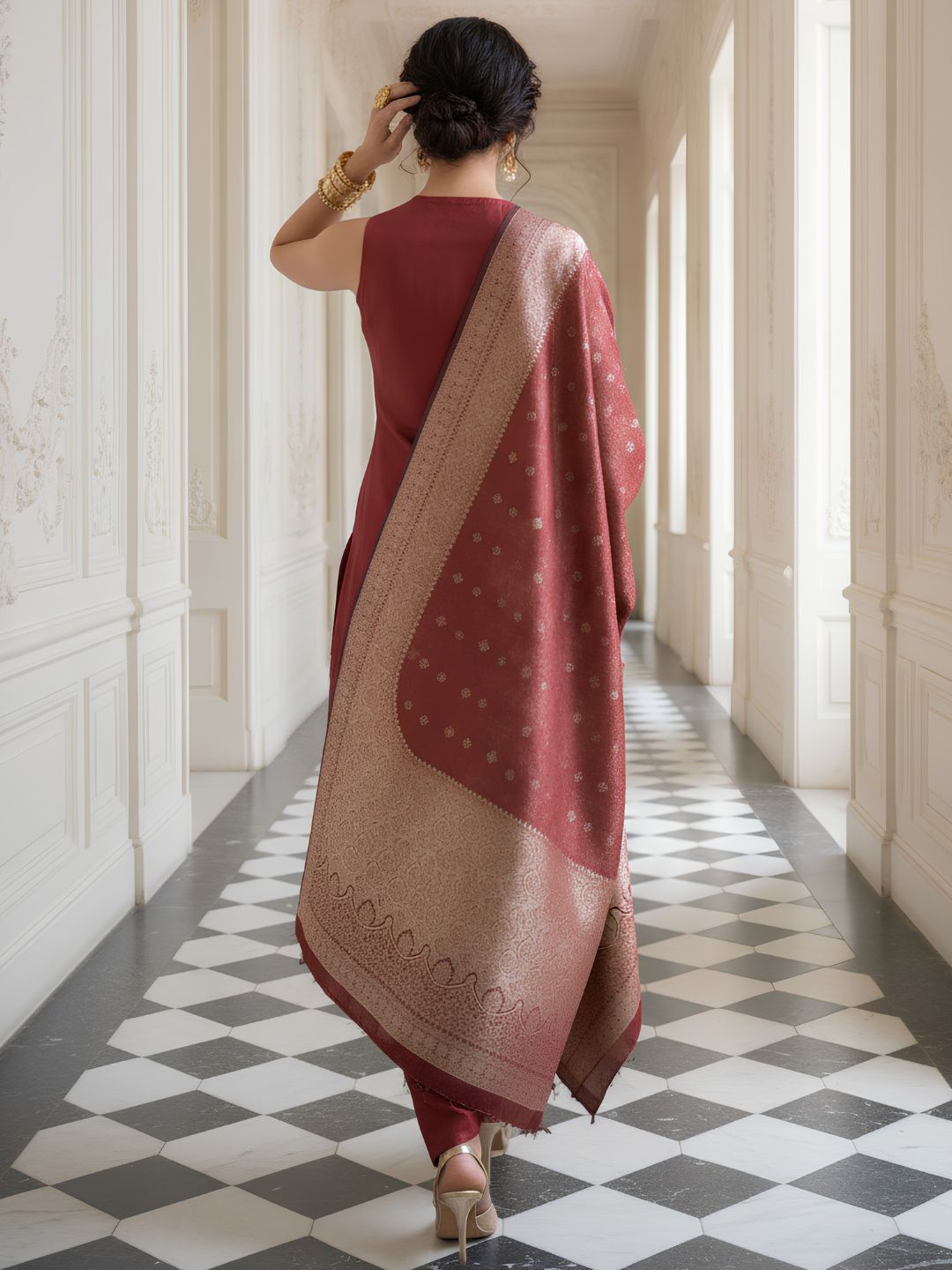 Brick Red Embroidered Banarasi Silk Salwar Set