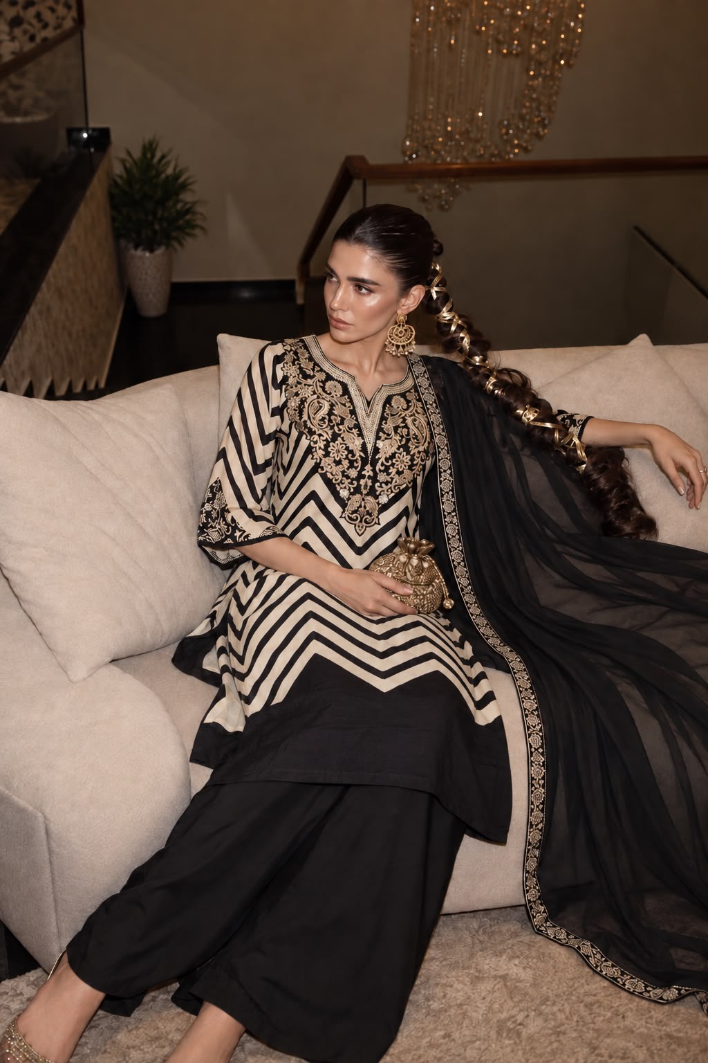 Noir Chevron Printed Crepe Silk Pant Set