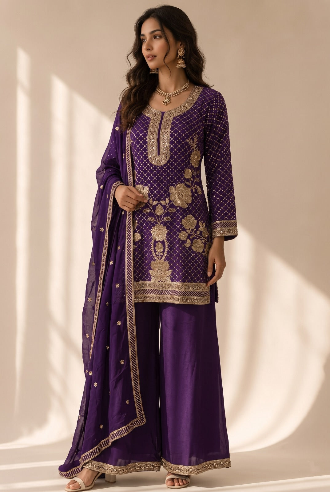 Regal Purple Embellished Georgette Silk Palazzo Set