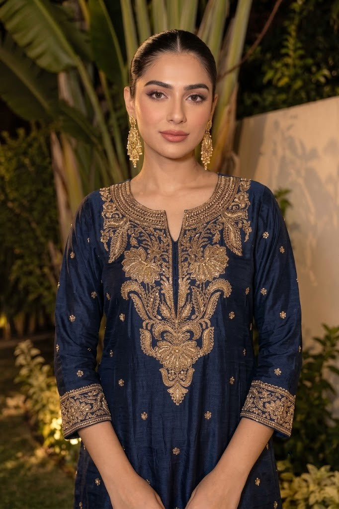 Deep Navy Blue Embellished Chinon Silk Palazzo Set
