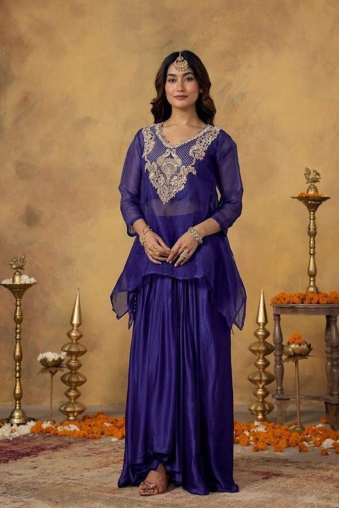 Royal Purple Embellished Satin Silk Skirt Set