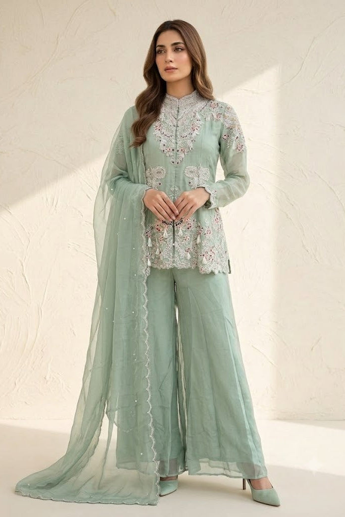 Mint Green Embellished Organza Silk Palazzo Set
