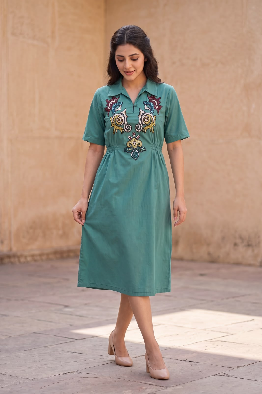 Sea Blue Embroidered Cotton Midi Dress