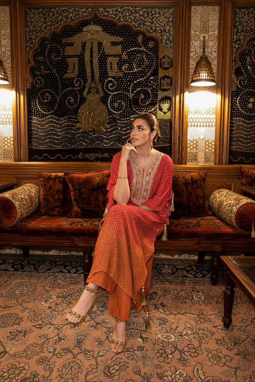Orange & Pink Ombre Embellished Satin Silk Kaftan Set