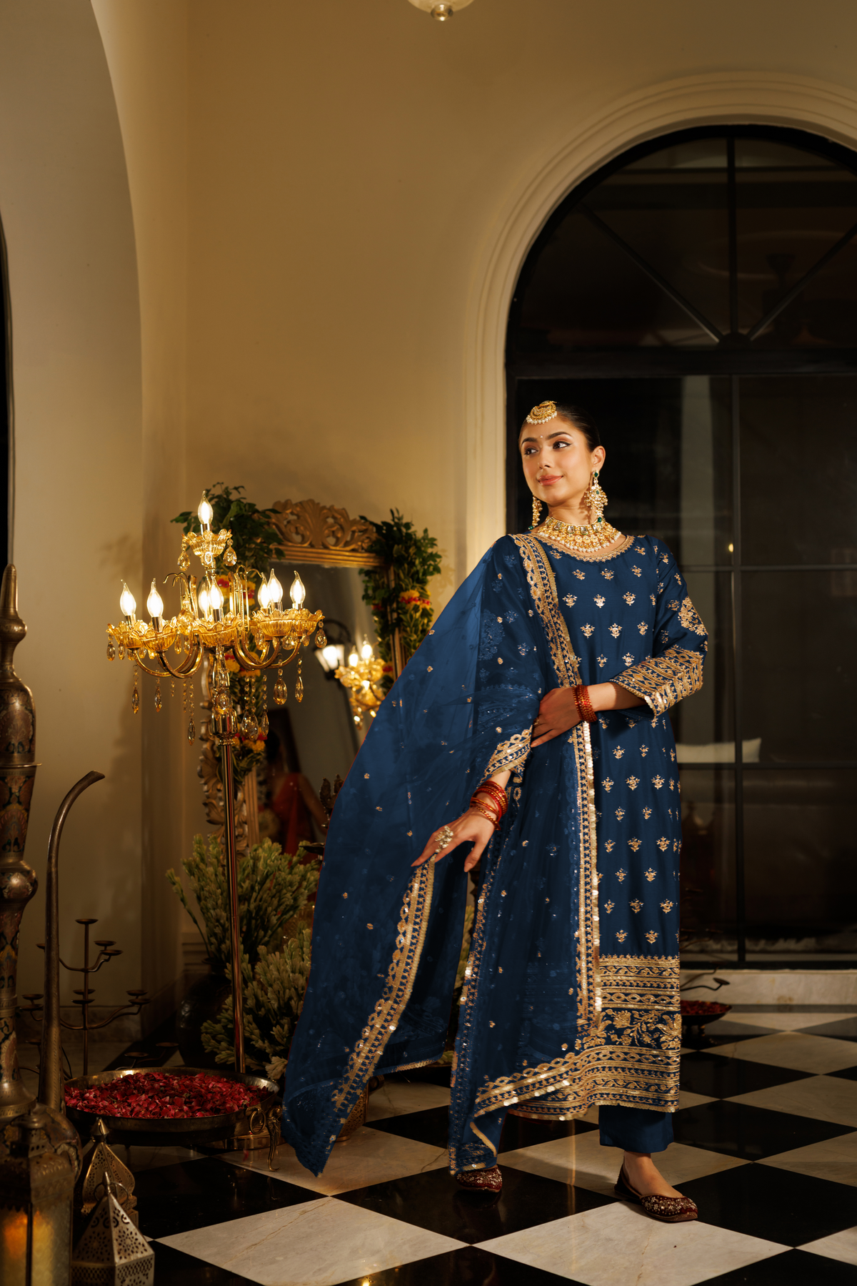 Deep Midnight Blue Embellished Shimmer Silk Pant Set