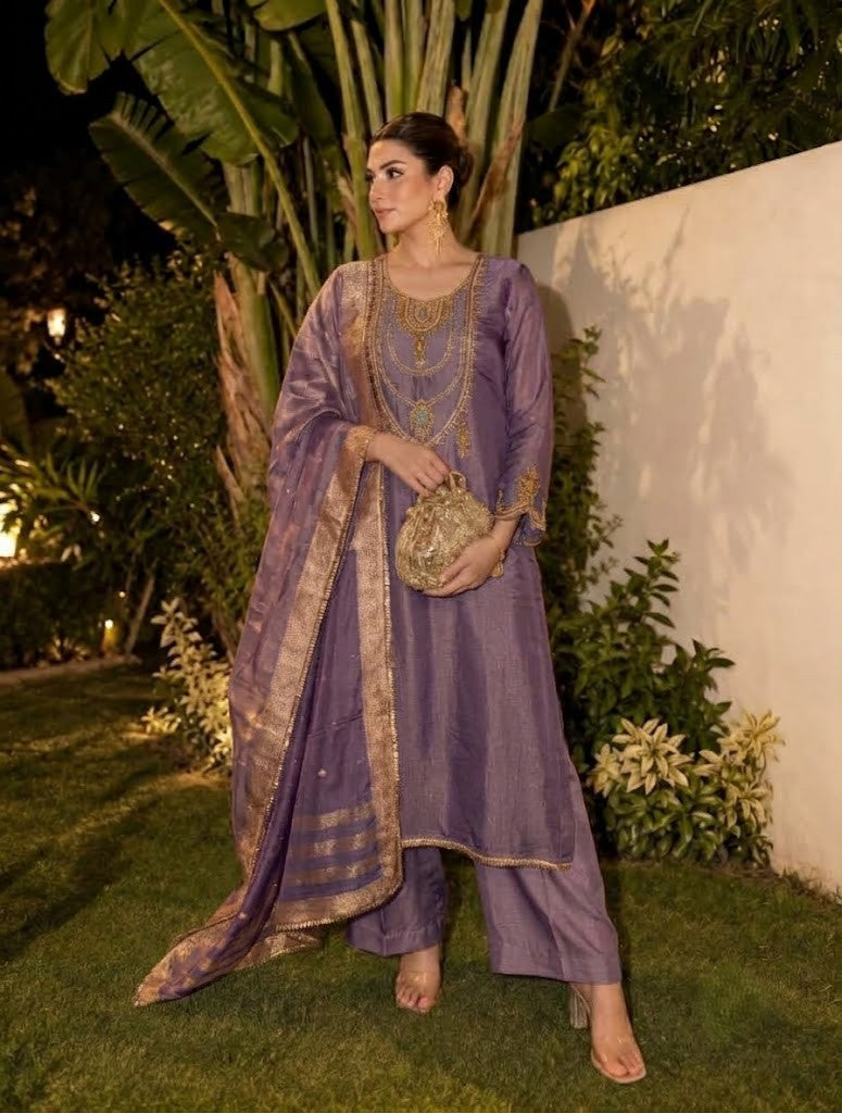 Dusty Lavender Embellished Shimmer Tissue Silk Pant Set