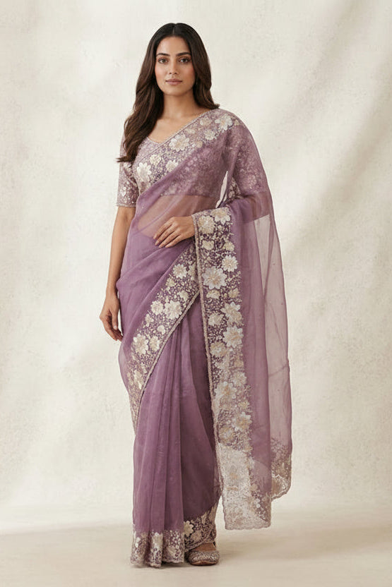 Lavender Embroidered Organza Silk Saree