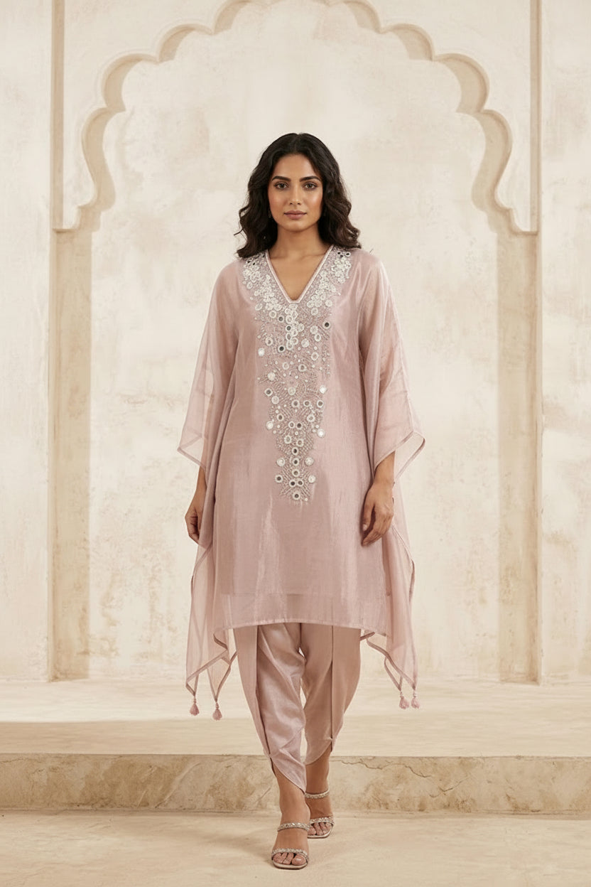 Dusty Pink Embellished Chiffon Silk Kaftan Dhoti Set